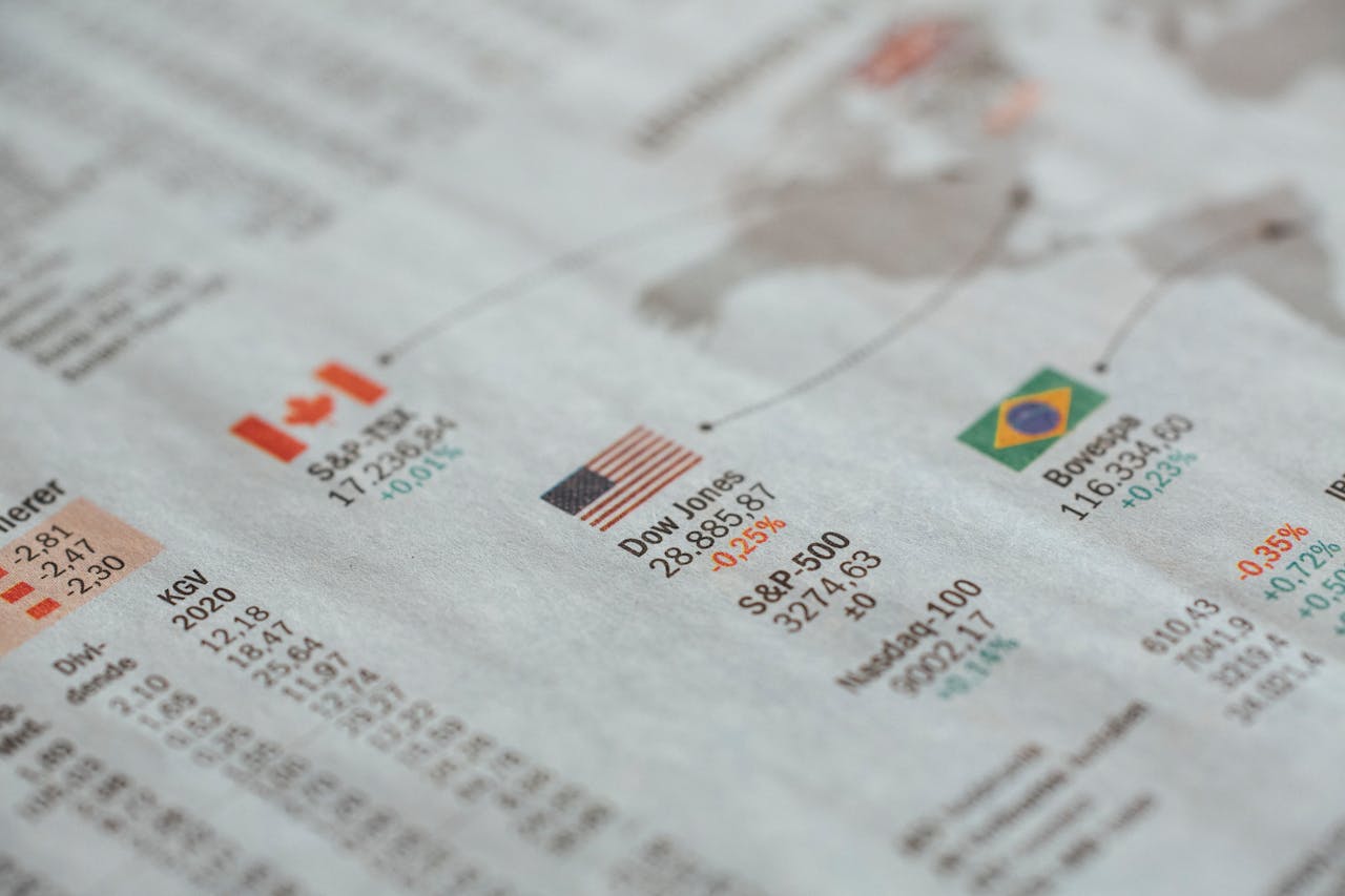 Detailed close-up of a newspaper displaying global financial market statistics and country flags.